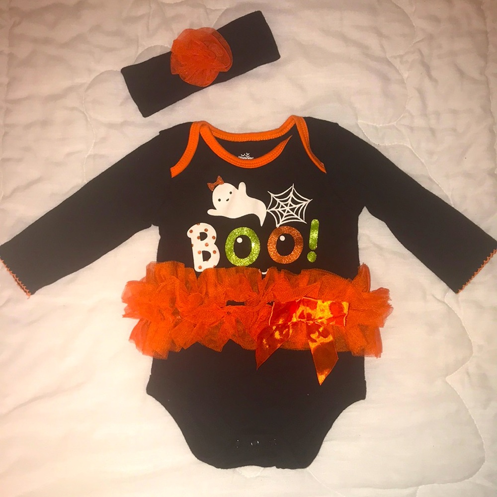 Halloween “Boo” onesie with matching headband